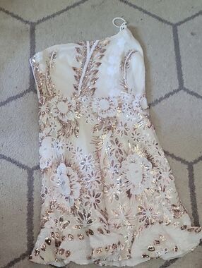 Last Chance!!!Sage White One-Shoulder Dress with Rose Gold Sequin Floral Detail
